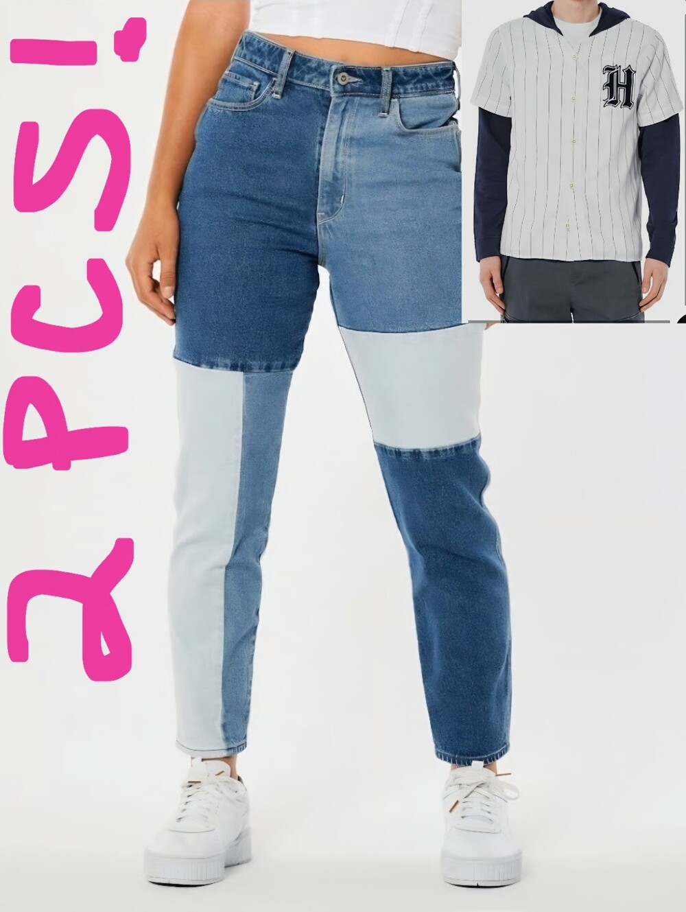 2PC New Hollister ULTRA HIGH-RISE MOM JEANS Patched & MEDIUM HOODED SHIRT/JACKET